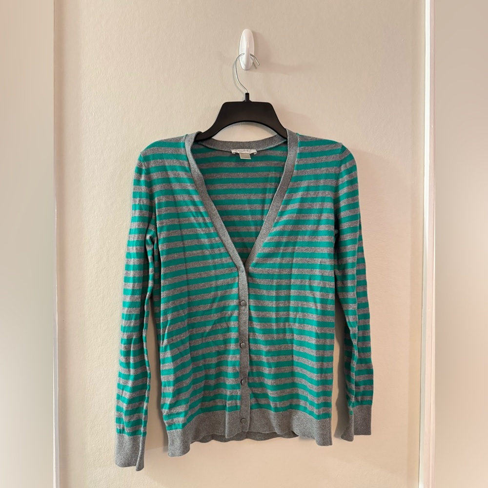 LOFT Green & Gray Striped V Neck Cardigan - Size Medium